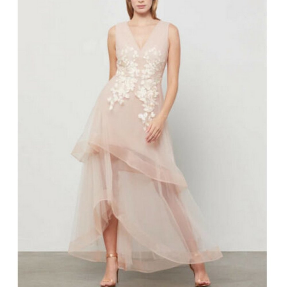 Bcbg Max Azria Floral Applique Asymmetrical Tulle Blush Nude Gown Dress